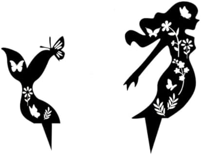 2Pcs Mermaid Garden Stakes Metal Garden Fairy Fish Silhouette Decorations Outdoor Statues Yard Paio Lawns for Garden Party Decor Black