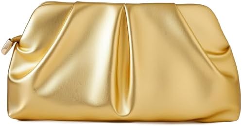 ChrisWish Women's Dressy Evening Bag Ruched PU Leather Clutch Purse with Detachable Metal Chain, Crossbody Shoulder Bag for Party Wedding(Gold)