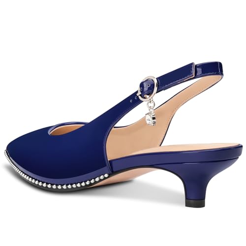 Image of TNYNFBEB Womens Low Kitten Heel Close Pointed Toe Pumps Slingback Silver Beaded Buckle Prom Party Dress Patent Leather 1.4 Inches Heels