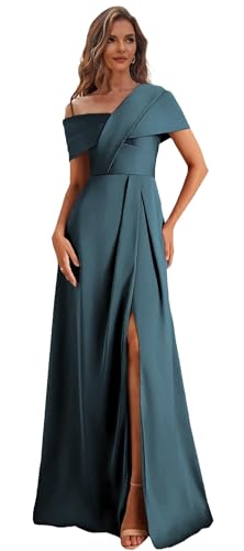 One Shoulder Mother of The Bride Dresses for Wedding Satin Formal Dress with Sleeves Long Evening Gown