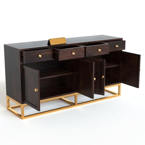 Image of Wooden Sideboard Cabinet for Living Room | Storage Cabinet with Drawers & Doors | Sheesham Wood Buffet Cabinet | Kitchen Cabinet for Home | Walnut Finish | 64 X 15.8 X 31.5 Inches