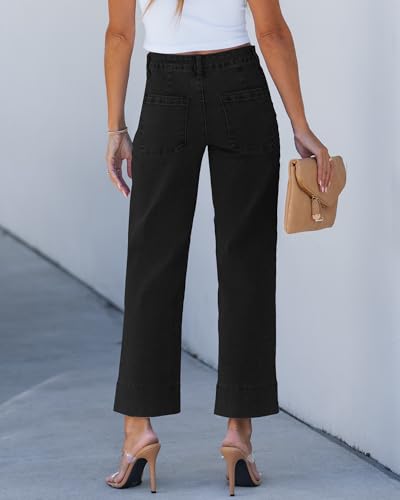 GRAPENT Wide Leg Jeans for Women Trendy High Waisted Straight Leg Cropped Stretchy Denim Pants with Retro Patch Pockets3