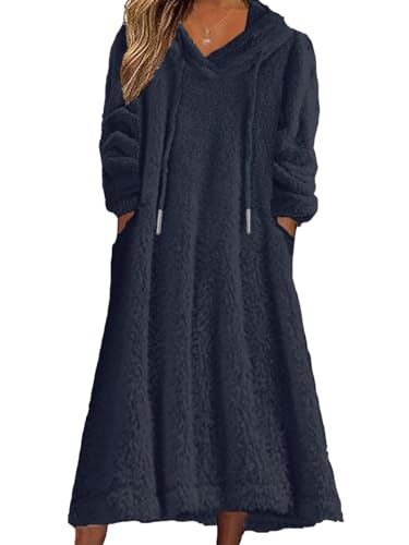 Fleece Hooded Dress Women Plush Fuzzy Sherpa Sweatshirt Robe Fluffy Granular Oversized Nightgown Pullover Lounger