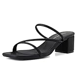 Shoe'N Tale Strappy Heels For Women Low Chunky Block Heel Heeled Sandals Square Open Toe Slip On Slides Mules(8,Black)