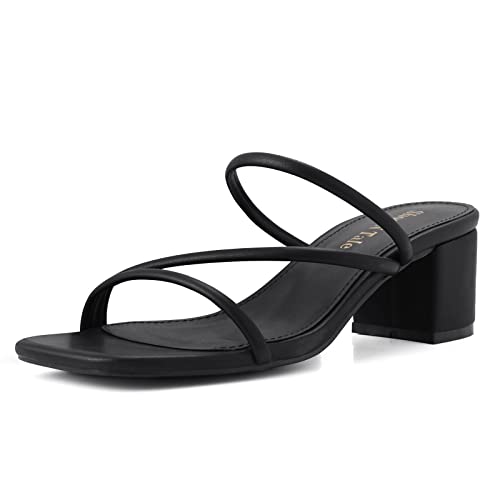 Image of Shoe'N Tale Strappy Heels For Women Low Chunky Block Heel Heeled Sandals Square Open Toe Slip On Slides Mules