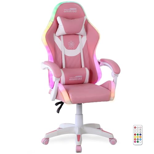Amstrad Fauteuil Gaming AMS-LED-Sakura - Simili Cuir Rose et Blanc - Eclairage LED 366 Effets - Télécommande
