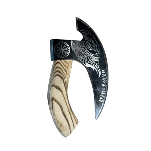 Cortador de pizza vikingo, mango de madera, diseño de hacha con diseño de calavera, negro y natural