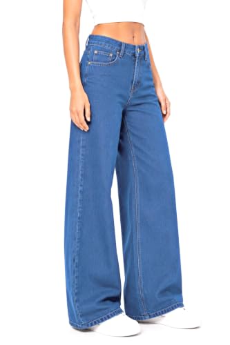 Image of Women's High Rise Wide Leg Denim Jeans | Stretchable Casual Blue Jeans for Women | Classic 5 Pocket Style | Comfortable Everyday Wear