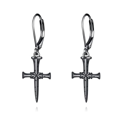 Pendientes de cruz de plata de ley 925 estilo gótico punk unisex