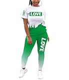 THLAI Women Letter Print 2 Piece Outfits Short Sleeve Tshirt Top and Long Gradient Pants Tracksuits Jogging Sets S-3XL