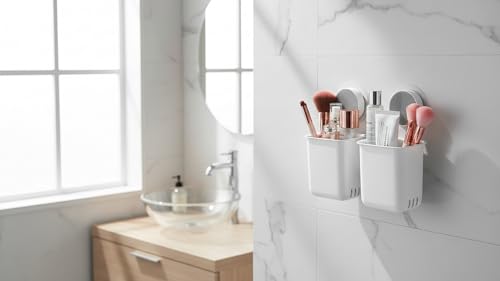 Image of Wall-Mounted Tooth Brush Holder Bathroom - Self-Adhesive Bathroom Organiser Without Drill for Toothbrushes, Toothpaste and Makeup Brushes - Plastic Brush Holder for Bathroom (2, Whitee)