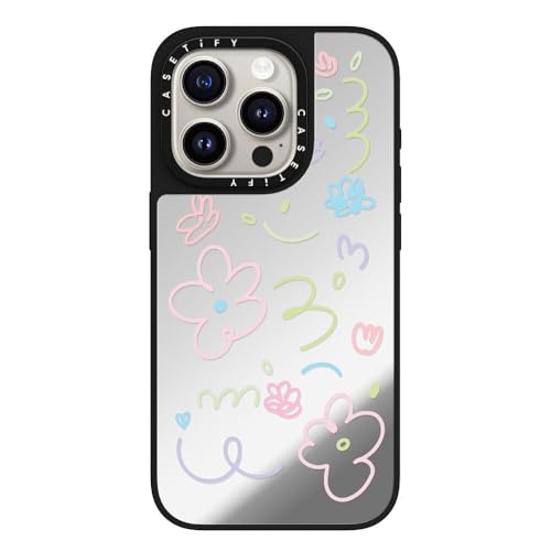 CASETiFY MagSafe �Ή��~���[ iPhone 15 Pro �P�[�X [���ː� / 1.5m����̗����������N���A / MagSafe �ɑΉ�] - Transparent Flowers - �V���o�[ (�u���b�N�o���p�[)