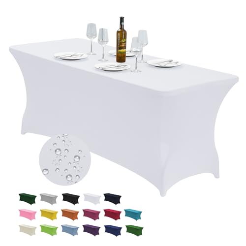 Image of CWK 6FT Waterproof Stretch Spandex Table Cover for Rectangular Tables - Elastic Fitted Tablecloth for Folding Tables,Wrinkle Resistant Table Cloth for Parties, Weddings, Banquets & Events (White)