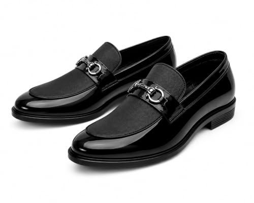 Image of Men's Formal Dual-Texture Loafer, Slip-On Dress Shoe, Patent and Matte Finish, Metallic Bit Detail, for Black-Tie Events and Festive Occasions