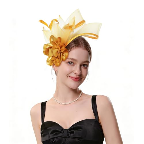 Comott Fascinators Hats for Women - Tea Party Hats Fascinator Kentucky Tulle Ribbon Derby Headwear for Wedding Cocktail(Yellow)