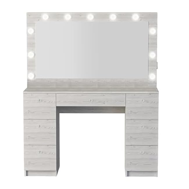 Boahaus Makeup Vanity 7 Drawers Lighted Crystal Knobs USB Port Grey Grey Finish