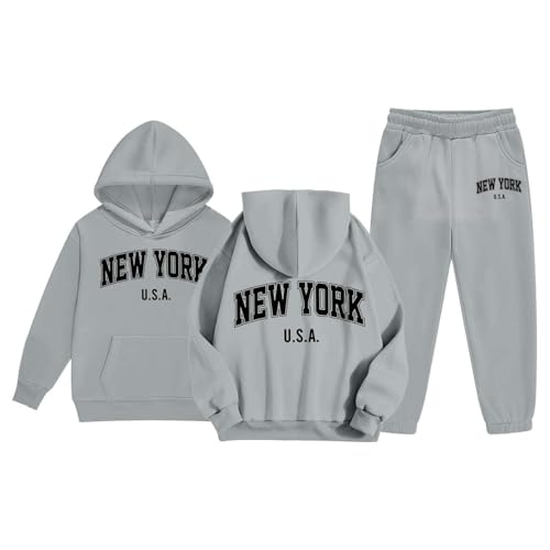 Girls Sweatsuit Set New York Letter Print Pullover Hoodie Sweatshirt and Jogger Sweatpants 2 Piece Fall Outfit 2-13Years4