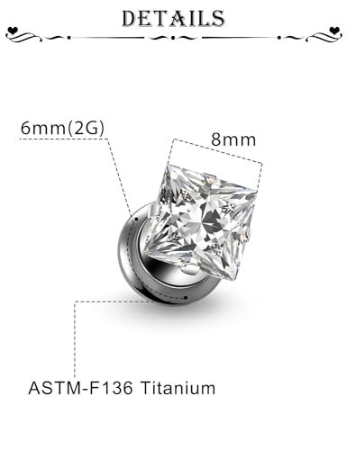 ASTM F136 Titanium Square CZ Ear Gauges Screw Fit Flesh Tunnels Plugs Gauges Earring Expander Stretcher Ear Tunnels for Ears 8G 6G 4G 2G 0G 00G Plug Earrings Piercing Jewelry for Women Men2
