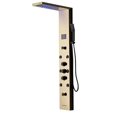 BATHLAVISH LED Gold Shower Tower 304 Stainless Steel 4 In 1 Shower Panels System with Rainfall Shower Waterfall Bath Tub Fauc Rain Massage Body Jets for Home Hotel Resort Bathroom Lavatory Wash Black