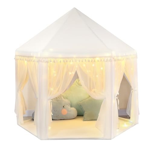 Monobeach White Princess Tent Girls Tassel Decor Large Playhouse Kids Castle Play Tent with Star Lights Toy for Children Indoor and Outdoor Games, 55'' x 53'' (White Princess Tent with Tassel)