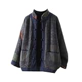 WHSZEDZB Chinese Style Padded Jackets Women Autumn Vintage Print Stand Collar Female Thick Warm Quilted Coats Dark Blue XS