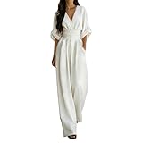 Summer Jumpsuits For Women Uk Capri Casual Wedding Guest Plus Size For Curvywomen Wrap Top V-Neck Jumpsuit 3/4 Sleeve Wide Leg Playsuit Elegant Trouser Suit With Pocketsone Piece Outfits (1-White, L)