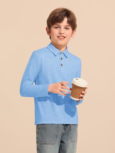 Image of Haloumoning Boys Long Sleeve Polo Shirts Kids Casual Button School Uniform Shirts with Chest Pocket 5-14 Years
