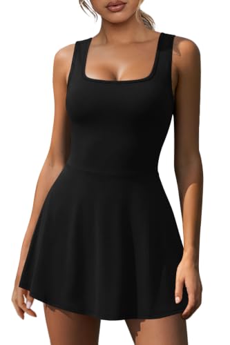 NIASHOT Women Athletic Tennis Dress with Built-in Shorts Underneath Workout Golf Active Romper Skort A-line Dresses Travel Vacation Cruise Outfits Sleeveless Resort Wear Fitness Gym Clothing Black M