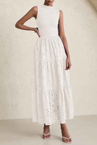 Image of PRETTYGARDEN Summer Dresses for Women 2026 Casual Eyelet Sleeveless Wedding Guest Maxi Dress Tank Top Sundress with Pockets