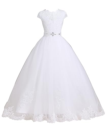LSSAWZH First Communion Dress Flower Girl Dress Tulle Lace Bridesmaid Pageant Dress Ball Gown Wedding Party Floor Length