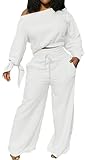 sexycherry 2 Piece Outfits for Women Vacation Casual White Sweatsuits Long Sleeve Loose Wide Leg Pants Tracksuits Sets with Pockets Drawstrings (Large)