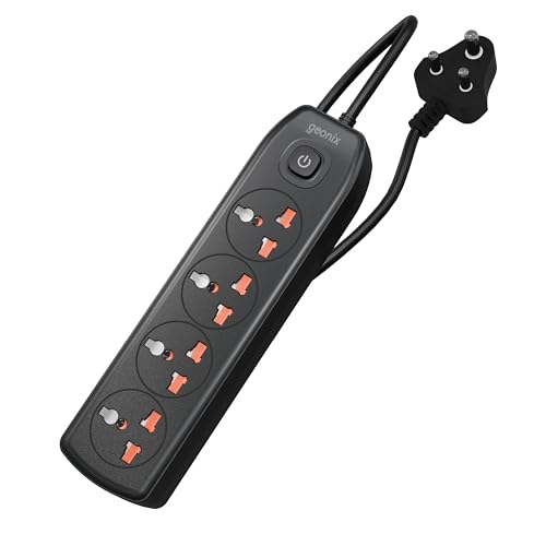 Image of Geonix PowerSpan S4 Pro | Extension Board with 4 Universal Sockets with on Off Button, 3mtr Long Copper Cable, 2500 Watts, 10 Amp Multi Plug for Office & Home Appliances (Black)