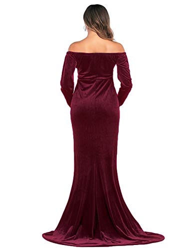 JustVH Velvet Maternity Off Shoulder Half Circle Fitted Gown Maxi Photography Dress for Baby Shower Photo Props Dress Burgundy - Image 7