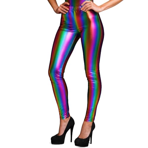 Leggings Metalizados Mujer Cintura Alta, Efecto Cuero Brillante, Tiro Alto elástico; Mallas para Fiesta, Discoteca, Baile, Moda Urbana, Stretch (FR/ES, Letras, L, Regular, Regular, Multicolor)