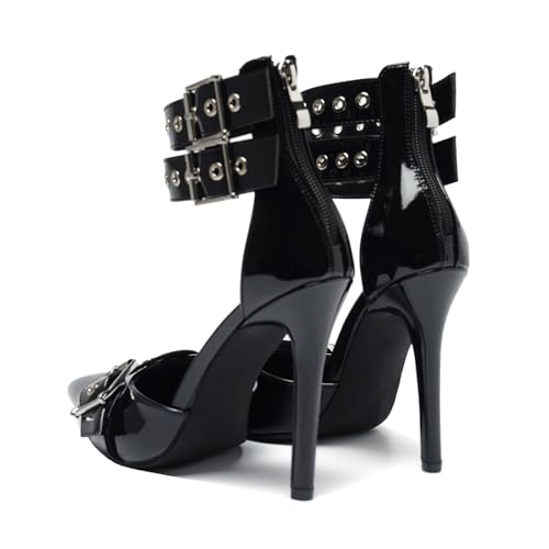 Women's Pointed Toe 4.3IN Stiletto Heel Pumps Double Ankle Straps & Big Buckles Nightclub Party Wedding Dress Shoes4