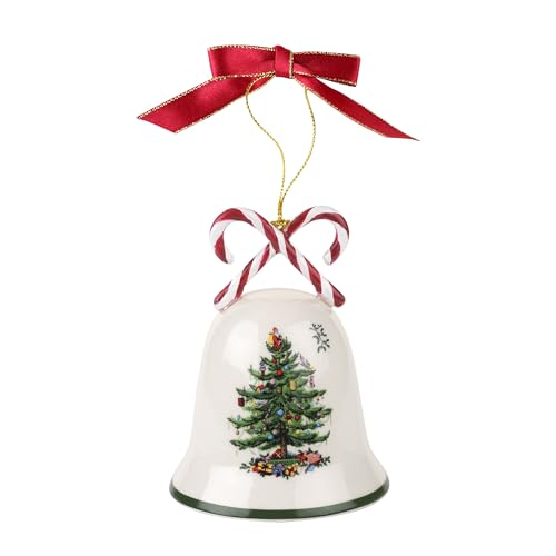 Spode Christmas Tree Candy Cane Bell Ornament, Elegant Hanging Decoration for Christmas Trees - Holiday Home Accents & Festive Ornament - Thoughtful Keepsake & Gift for Friends & Family