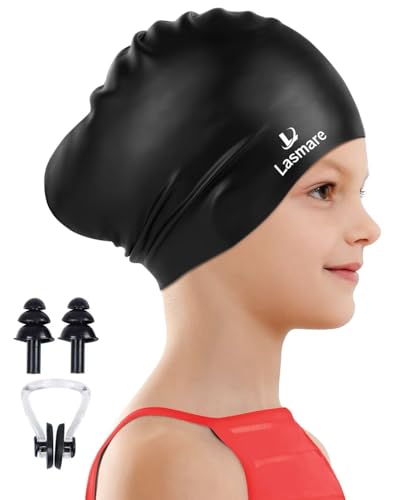 Kids Long Hair Swim Cap for Girls Boys, 2 Size Silicone Swimming Cap for Age 3-15 Toddler Children Teens, Waterproof Swim Hats Bathing Caps with Ear Plugs & Nose Clip to Keep Hair Dry(Age 8-15/Black)