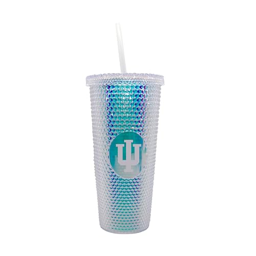 Logo Brands NCAA Indiana Hoosiers 24oz Iridescent Studded Tumbler - Durable Plastic, Honeycomb Texture, Screw-on Lid with Straw, Fits Cup Holders