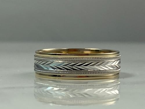 14K Yellow and White Two-Tone Gold V-Pattern Solid Gold 6mm Unisex Wedding Band, SDLA7104-YW3