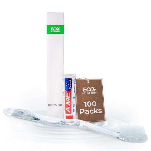 ECO amenities Travel Toothbrush & Toothpaste Set - 100 Count Pack - Transparent - Disposable Dental Kit for Hotel Rooms & Travel Toiletries - Peppermint Toothpaste & Recyclable Brushes