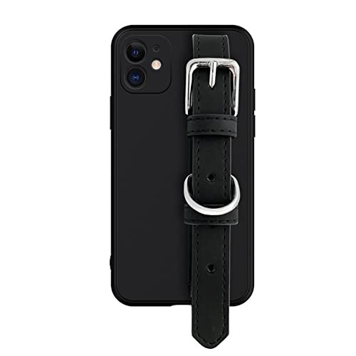 Coque silicone iPhone 12 mat noir avec bracelet en cuir amovible