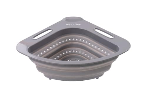 Food Flex Collapsible Sink Strainer Basket - Space-Saving Corner Colander for Fruits, Vegetables & Pasta, Folding Design for Kitchen Storage, 3.5 Quart (Grey)