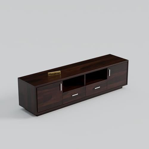 Image of Premium Solid Sheesham Wood TV Unit with 2 Drawers, 2 Shelves, and 2-Door Storage - Suitable for TVs up to 65 Inches - Elegant Living Room Furniture (Lynton, Walnut Finish)