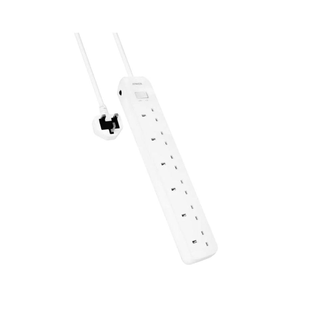 Anker Power Strip (6-in-1) AC Outlet, PowerIQ Technology, Surge Protection, Fire-Resistant Casing, On/Off Swtich, 1.8M Cable Length, White Color Extension