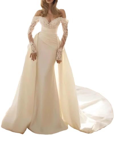 Mermaid Elegant Strapless Wedding Dresses Long Sleeve Bridal Gowns with Removable Train Appliques