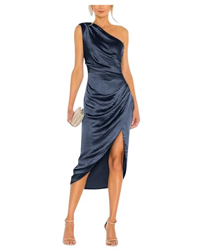 Image of Satin Bridesmaid Dresses for Women One Shoulder Prom Dress Pleated Midi Formal Cocktail Gown Wedding Guest Dress with Slit