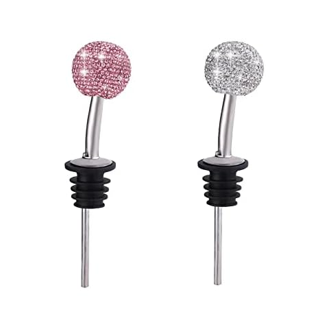 2 Pac GSRYPC Bling Bling pour spouts wtih Crystal Rhinestones cap, Bling Stainless Steel Liquor bottle pourers fit for Olive Oil Wine Vinegar Liquid (Silver+Rose gold) Cover