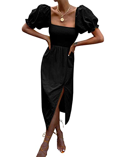 Women's Summer Casual Puff Sleeve Dress Square Neck Smocked Off Shoulder Boho Side Split Midi Dresses Large #TOP10