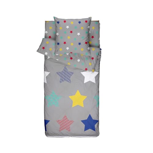 Bleu Calin Caradou® Stars Parure de lit Enfant en Coton 4 pièces: Couchage Tout-en-Un pour Enfant avec Couette - Couette zippée au Drap Housse - 90x190cm