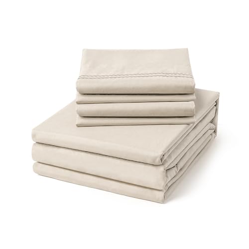 ClevaHome Queen Size Sheet Set - 6 Piece Soft Breathable Luxury Bed Sheet Set - Shrinkage & Fade Resistant Embroidered Bedding Sheet with Deep Pocket 2 Extra Pillowcases (Queen Oat Milk)